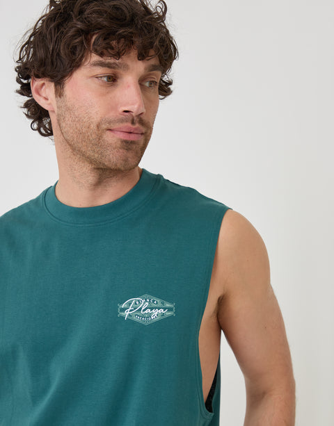 Threadbare Relaxed Fit Playa Cotton Vest in Teal Green - close up