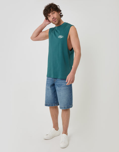 Threadbare Relaxed Fit Playa Cotton Vest in Teal Green - full body