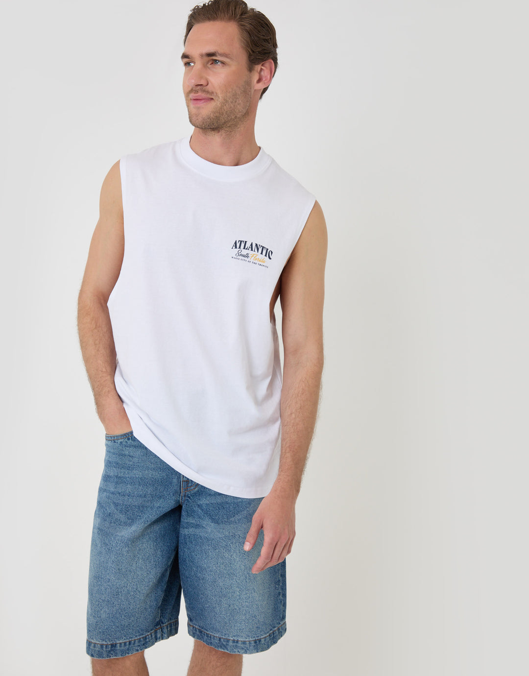 Threadbare Relaxed Fit Atlantic Graphic Vest in White - front view