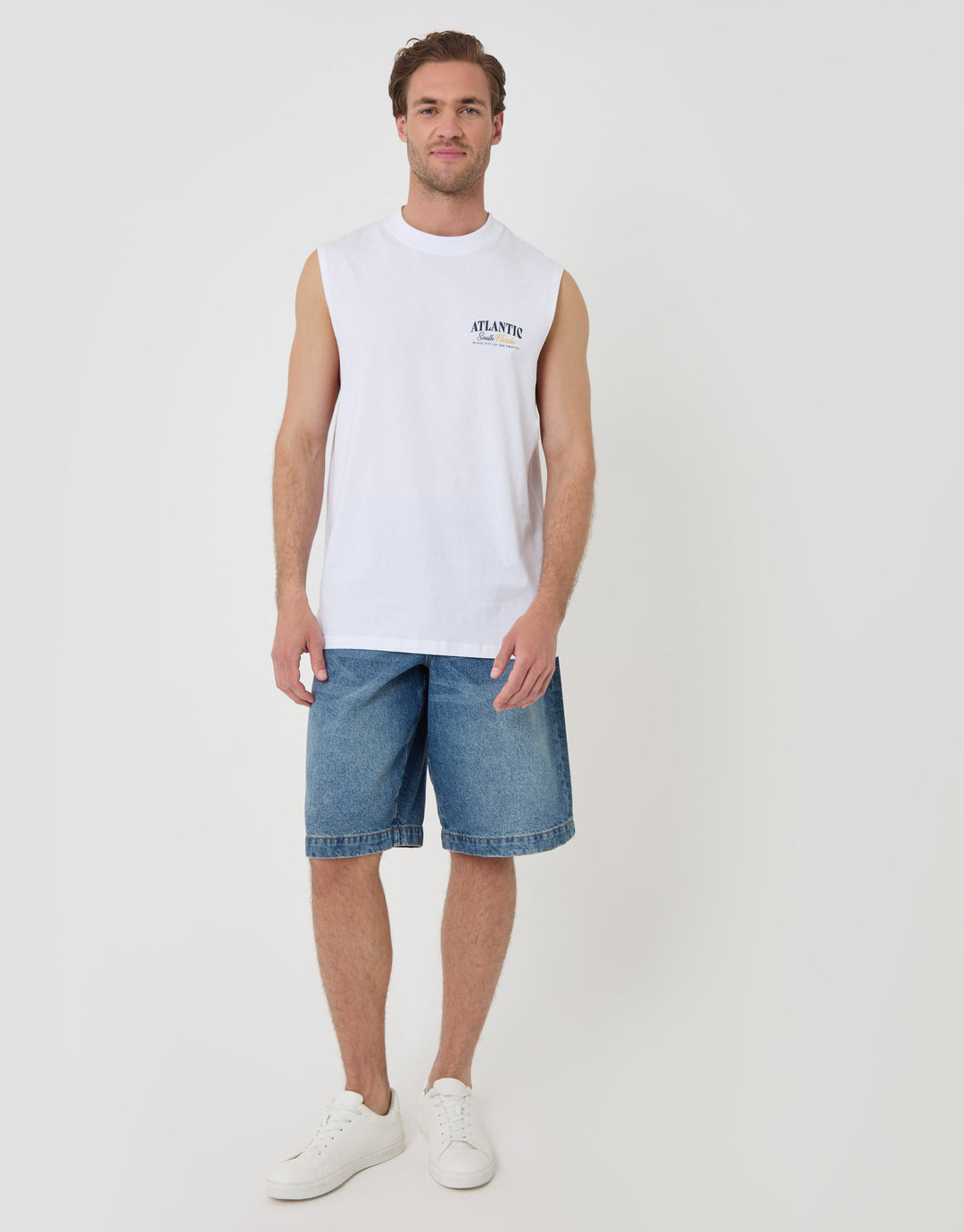 Threadbare Relaxed Fit Atlantic Graphic Vest in White - full body