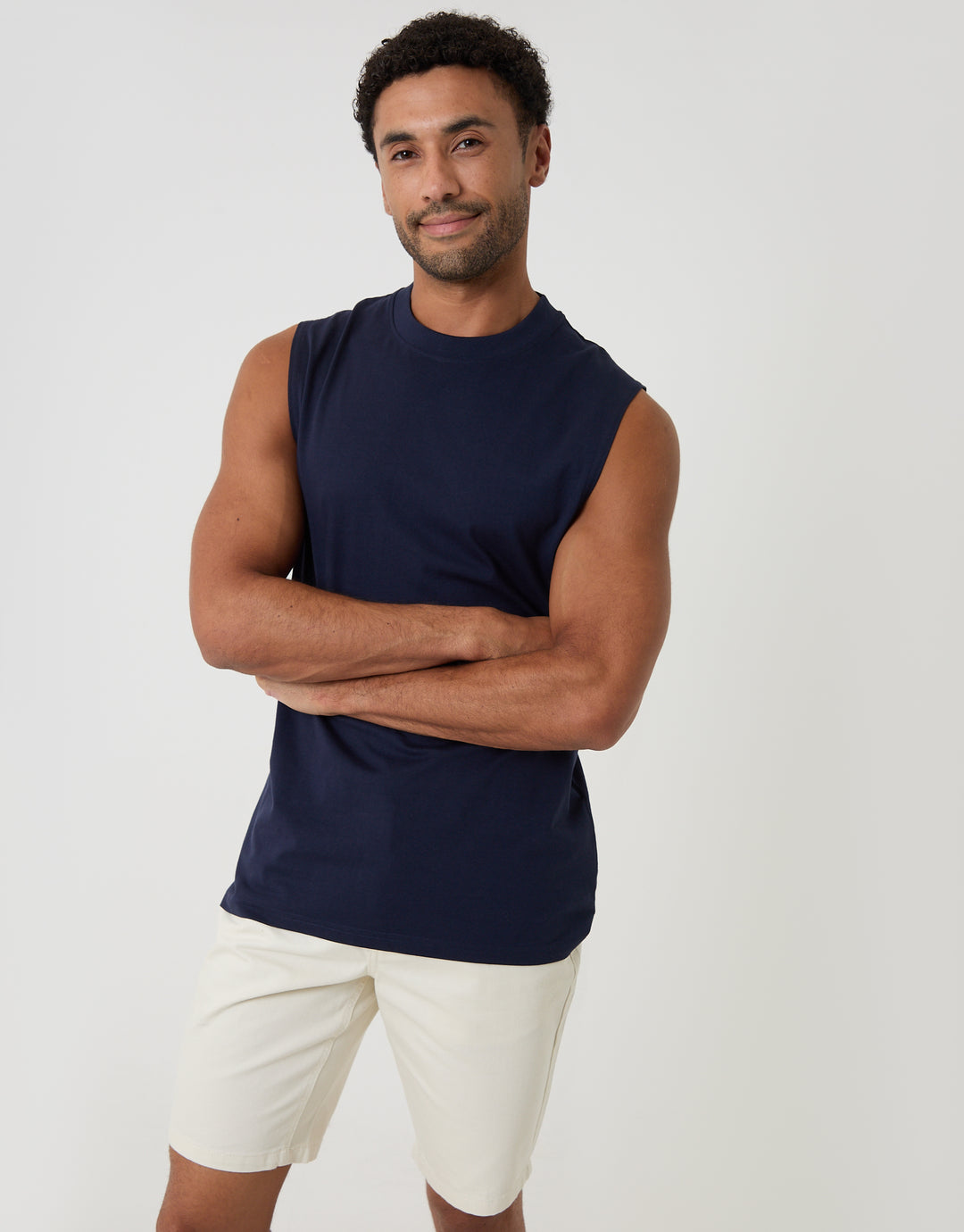Threadbare Relaxed Fit Cotton Crew Neck Vest in Navy - front view