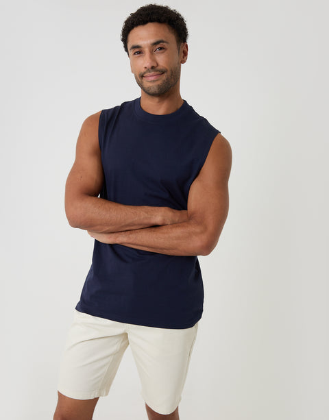 Threadbare Relaxed Fit Cotton Crew Neck Vest in Navy - front view