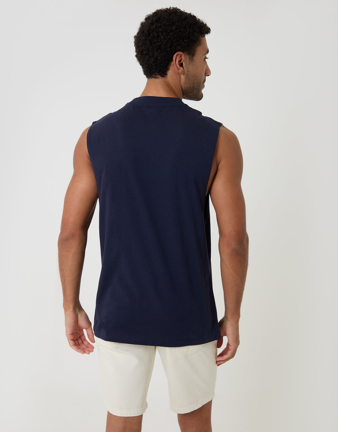 Threadbare Relaxed Fit Cotton Crew Neck Vest in Navy - back view