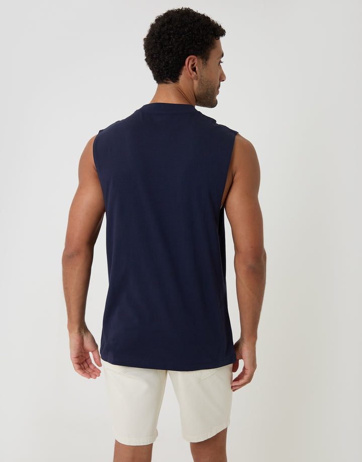 Threadbare Relaxed Fit Cotton Crew Neck Vest in Navy - back view