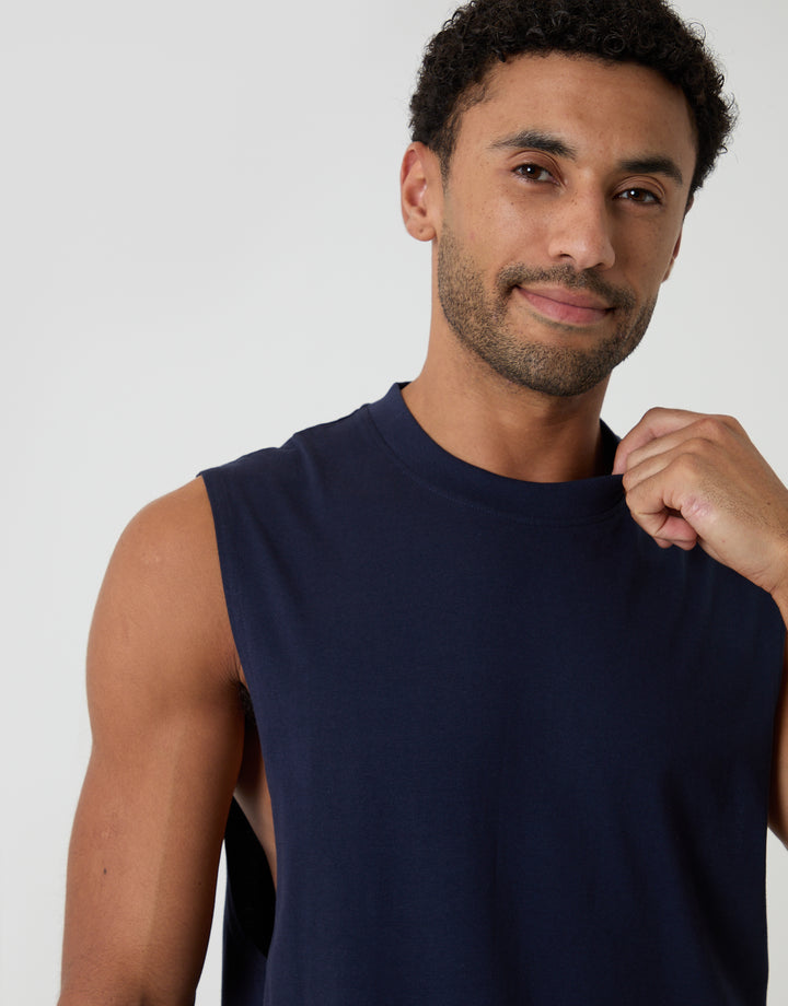 Threadbare Relaxed Fit Cotton Crew Neck Vest in Navy - neckline close up