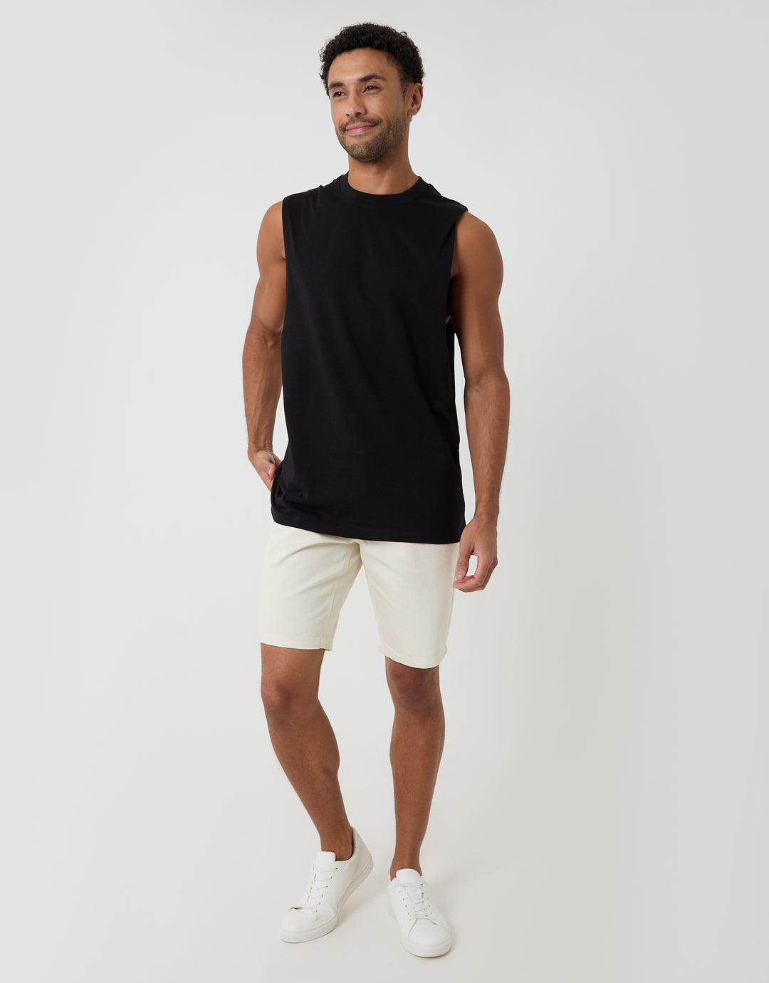 Threadbare Relaxed Fit Cotton Crew Neck Vest in Black - full body