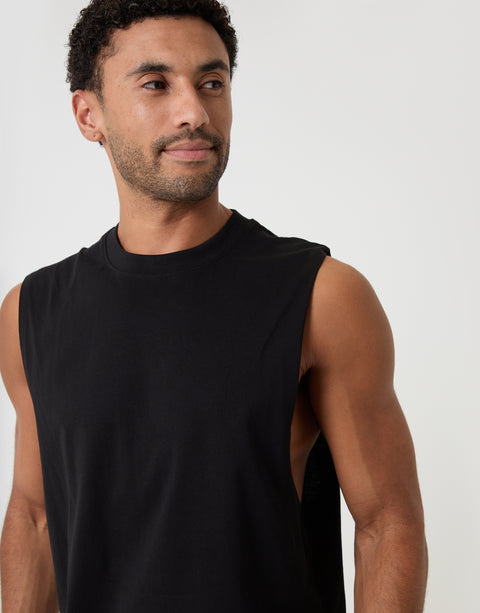 Threadbare Relaxed Fit Cotton Crew Neck Vest in Black - neckline close up