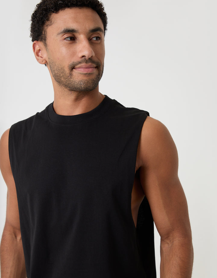 Threadbare Relaxed Fit Cotton Crew Neck Vest in Black - neckline close up