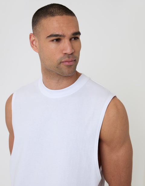 Threadbare Relaxed Fit Cotton Crew Neck Vest in White - front detail view