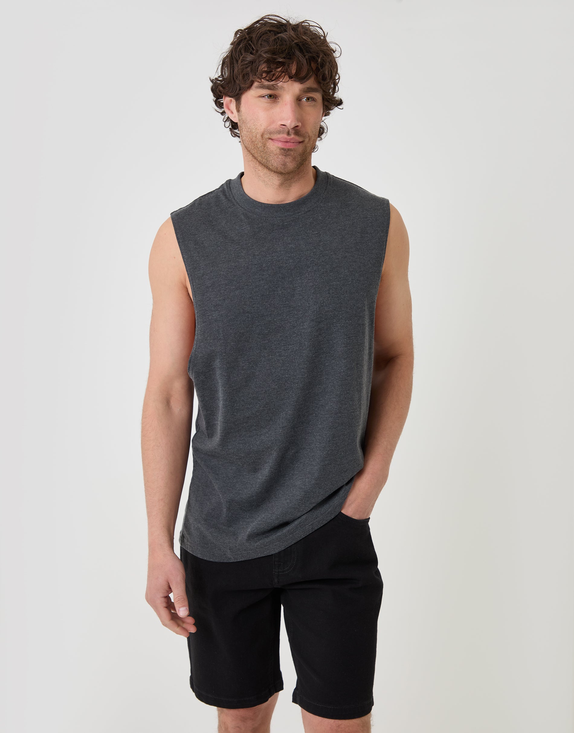 Relaxed Fit Cotton Crew Neck Vest in Charcoal Grey