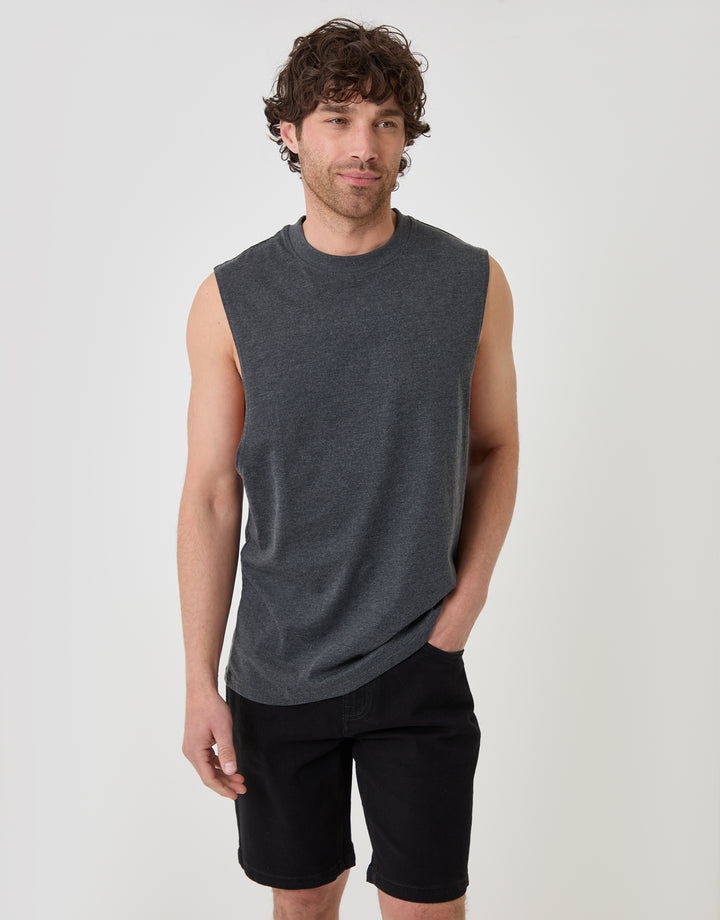 Threadbare Relaxed Fit Cotton Crew Neck Vest in Charcoal Grey - front view