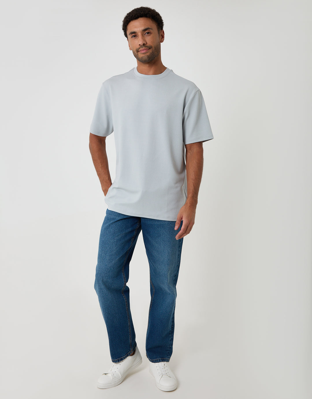 Threadbare Relaxed Fit Cotton Textured T-Shirt in Grey - full body