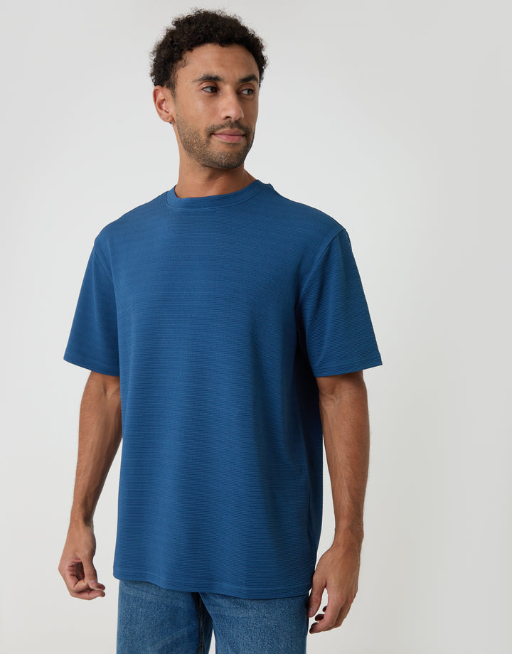 Threadbare Relaxed Fit Cotton Textured T-Shirt in Blue - front view