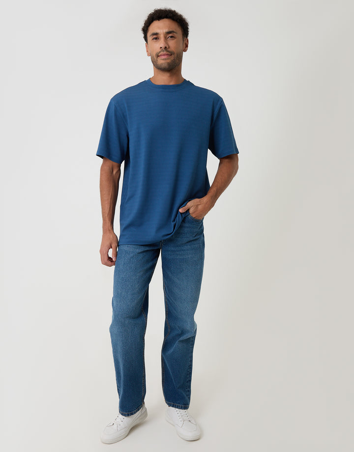 Threadbare Relaxed Fit Cotton Textured T-Shirt in Blue - full body