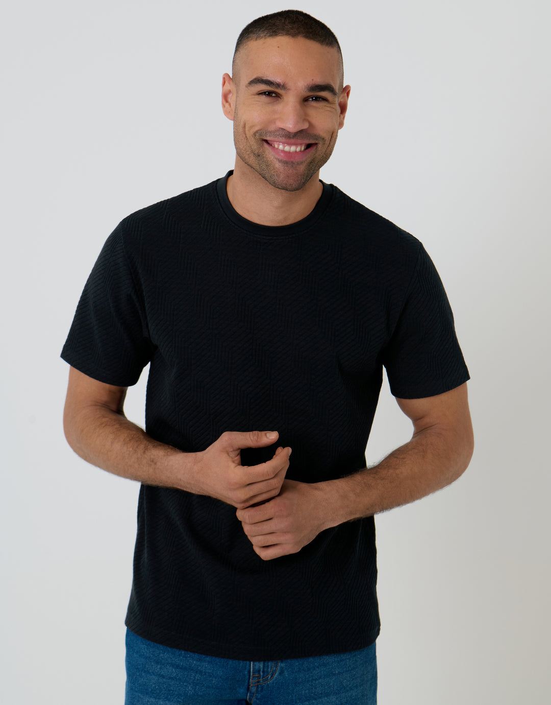 Threadbare Textured Stretch Cotton Crew Neck T-Shirt in Black - front view