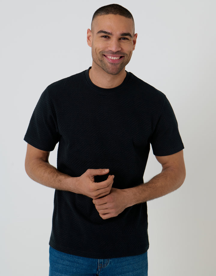 Threadbare Textured Stretch Cotton Crew Neck T-Shirt in Black - front view