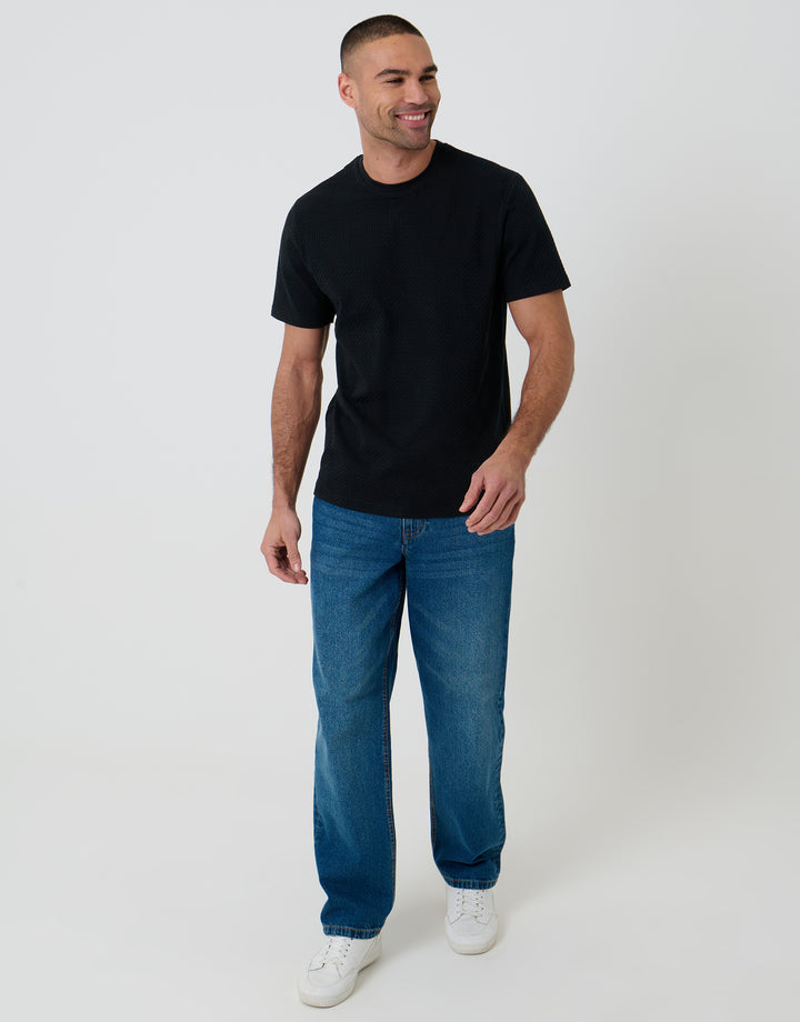 Threadbare Relaxed Fit Textured Crew Neck T-Shirt in Black - full body