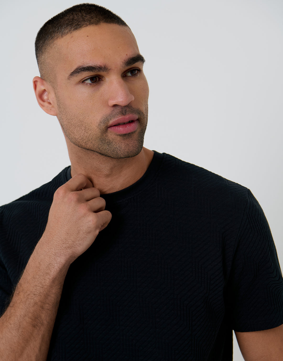 Threadbare Textured Stretch Cotton Crew Neck T-Shirt in Black - front view close up