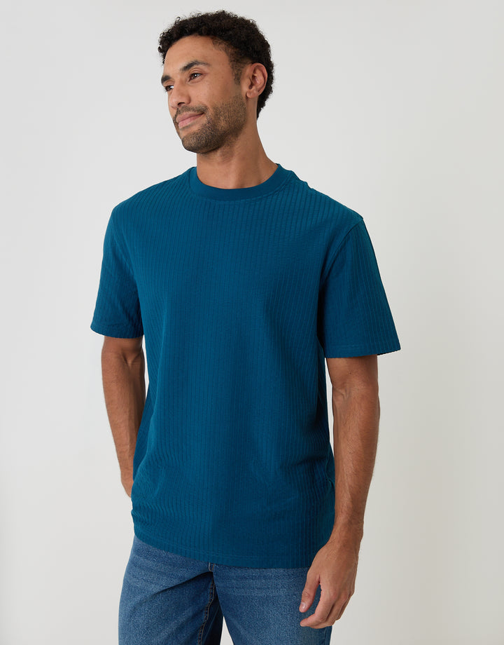 Threadbare Relaxed Fit Cotton Ribbed T-Shirt in Blue - front view
