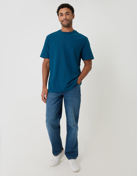 Threadbare Relaxed Fit Cotton Ribbed T-Shirt in Blue - full body