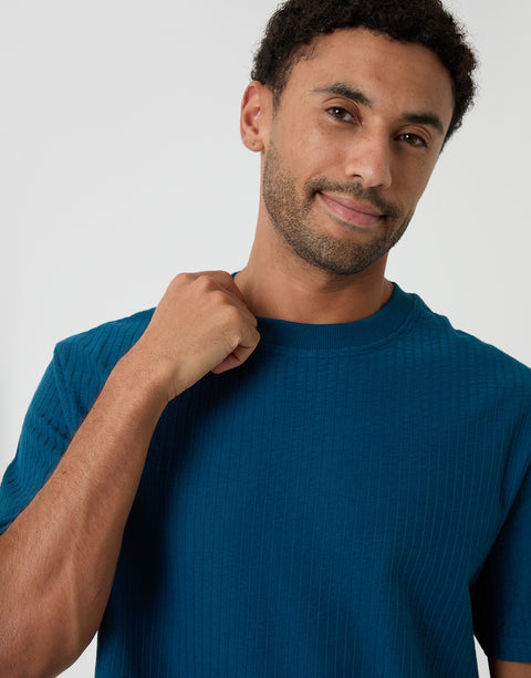 Threadbare Relaxed Fit Cotton Ribbed T-Shirt in Blue - close up