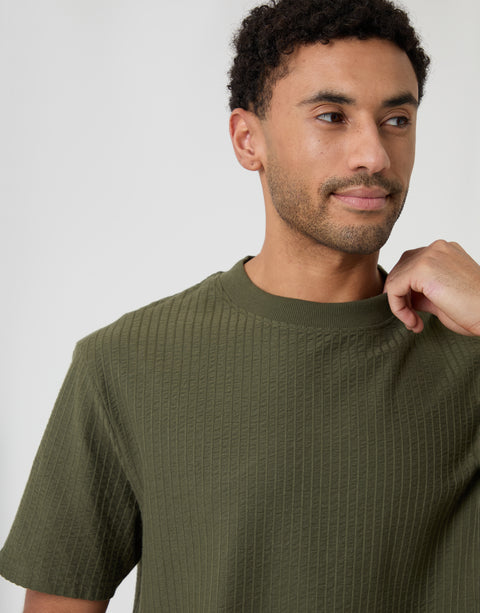 Threadbare Relaxed Fit Cotton Ribbed T-Shirt in Khaki Green - close up