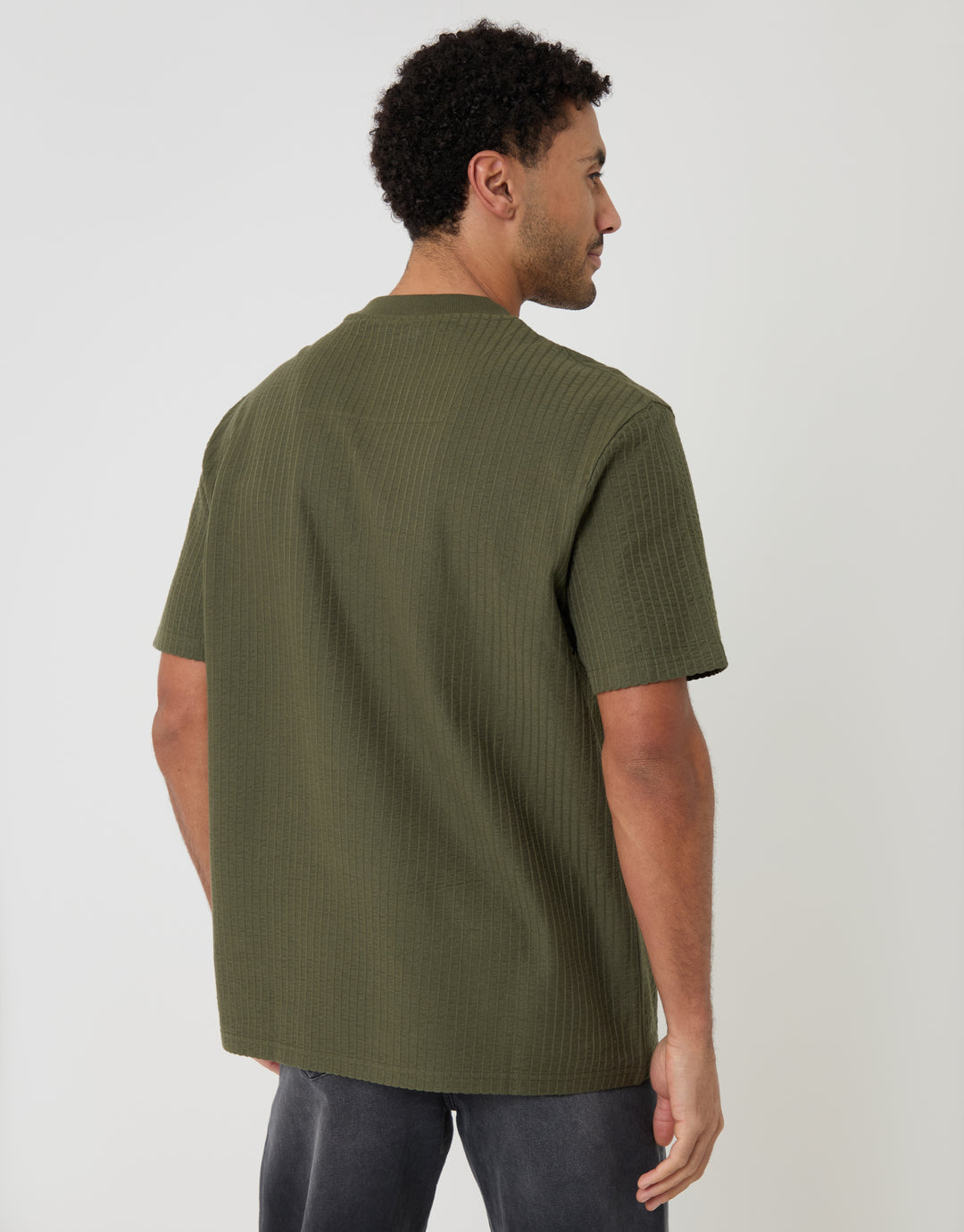 Relaxed Fit Cotton Ribbed T-Shirt in Khaki Green - back view
