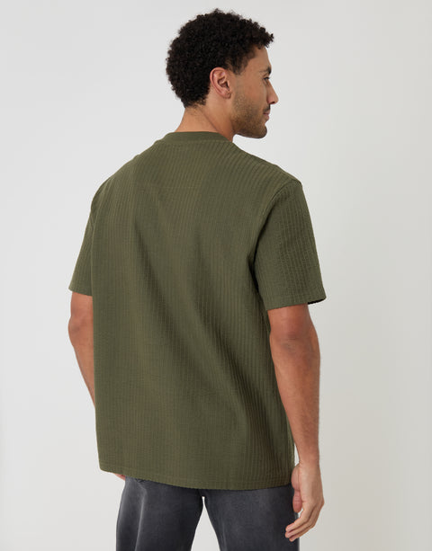 Relaxed Fit Cotton Ribbed T-Shirt in Khaki Green - back view