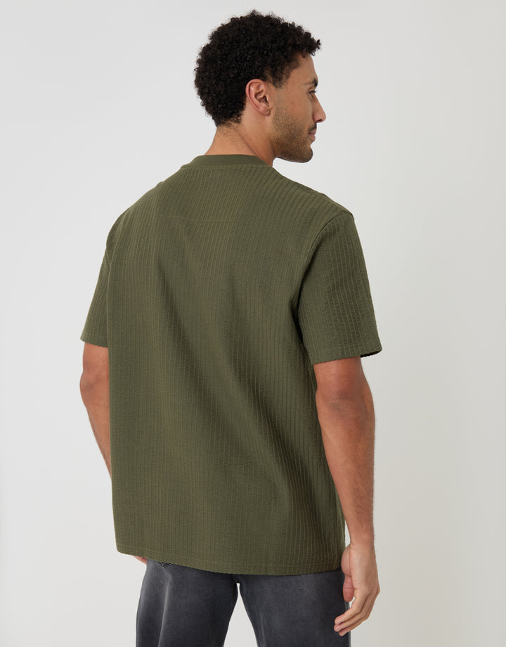Relaxed Fit Cotton Ribbed T-Shirt in Khaki Green - back view