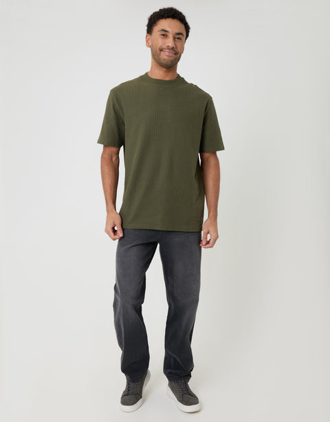 Relaxed Fit Cotton Ribbed T-Shirt in Khaki Green - full body