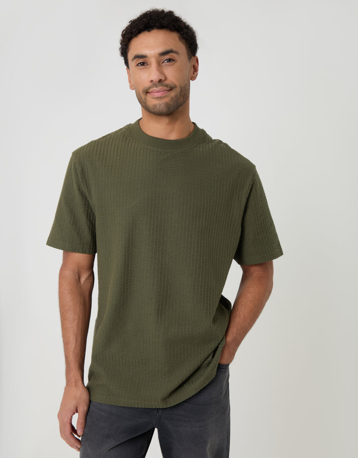 Relaxed Fit Cotton Ribbed T-Shirt in Khaki Green - front view