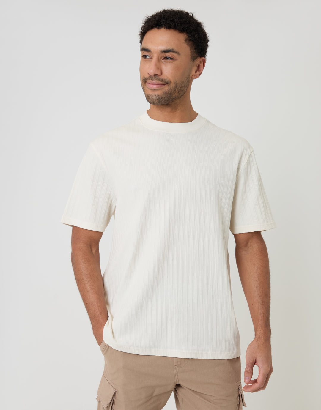 Threadbare Relaxed Fit Textured Rib Stretch Cotton T-Shirt in Ecru - front view