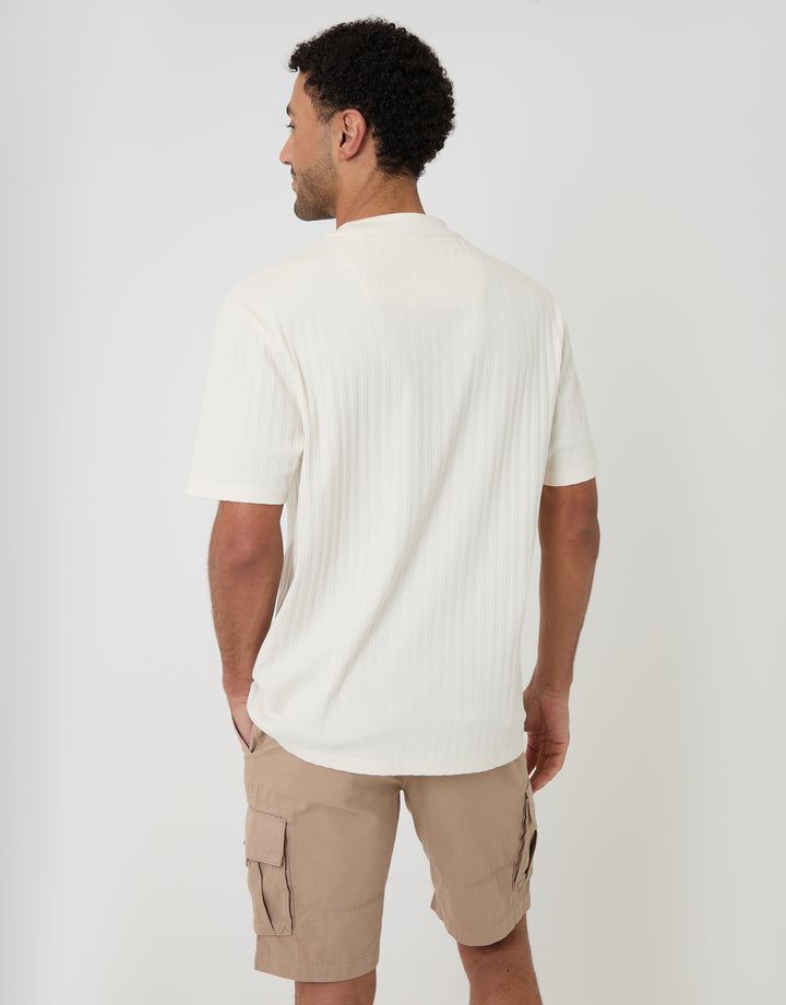 Threadbare Relaxed Fit Textured Rib Stretch Cotton T-Shirt in Ecru - back view