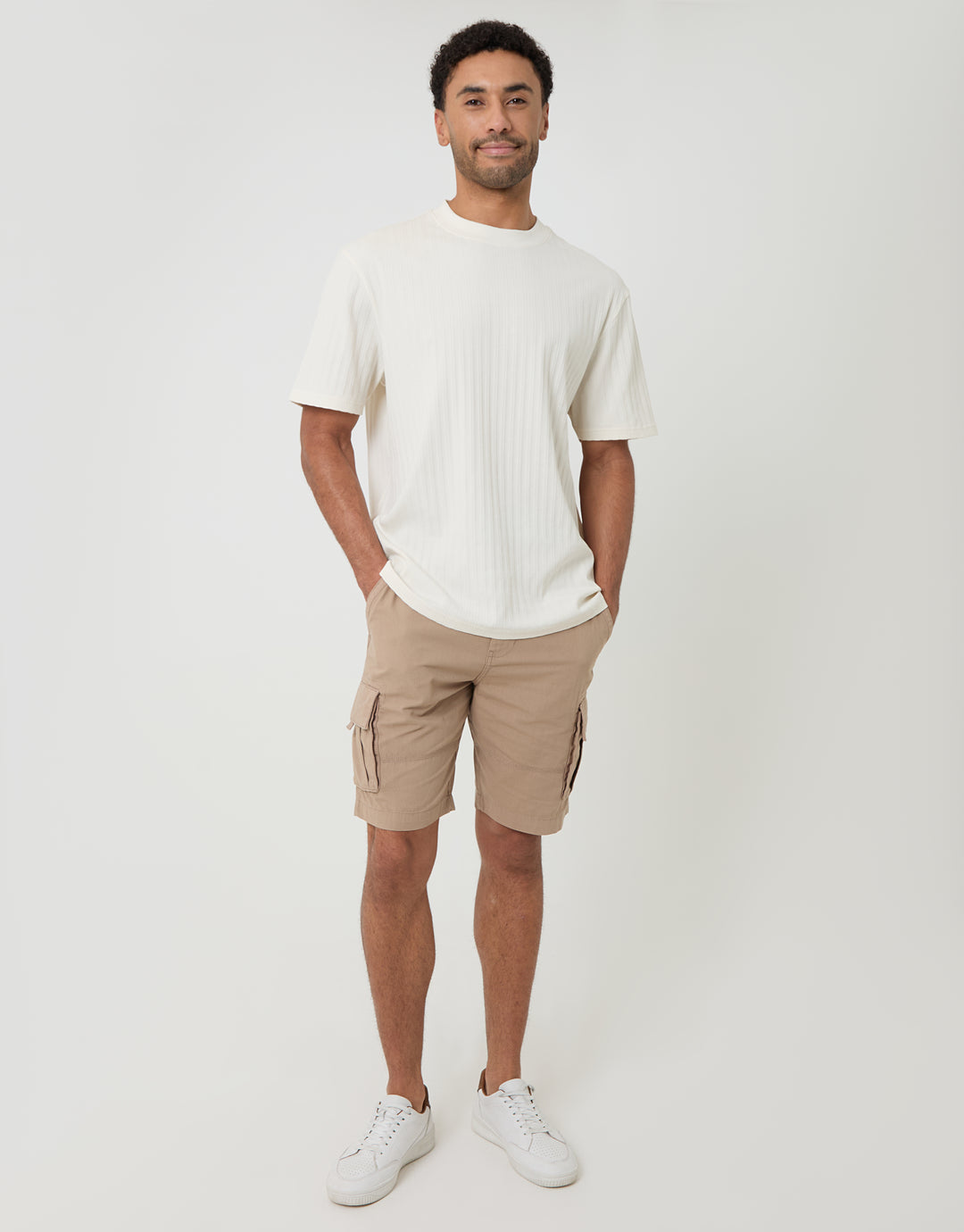 Threadbare Relaxed Fit Textured Rib Stretch Cotton T-Shirt in Ecru - full body