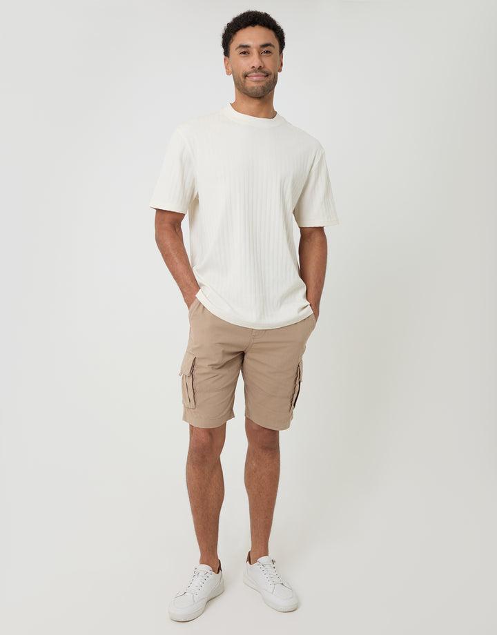 Threadbare Relaxed Fit Textured Rib Stretch Cotton T-Shirt in Ecru - full body