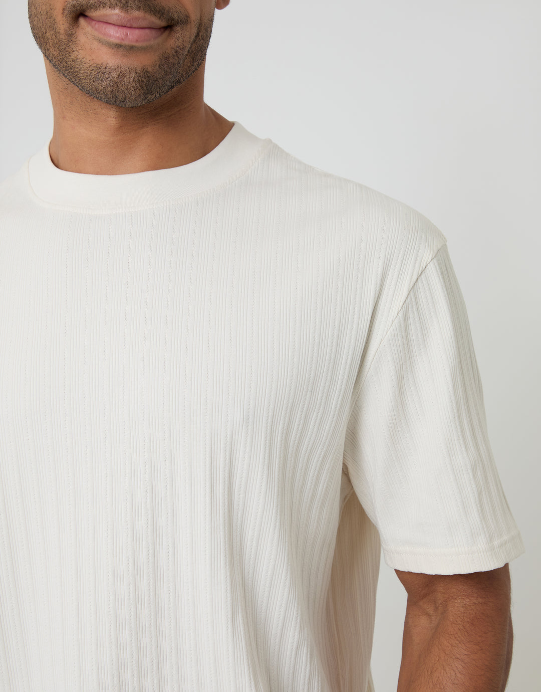 Threadbare Relaxed Fit Textured Rib Stretch Cotton T-Shirt in Ecru - front view close up