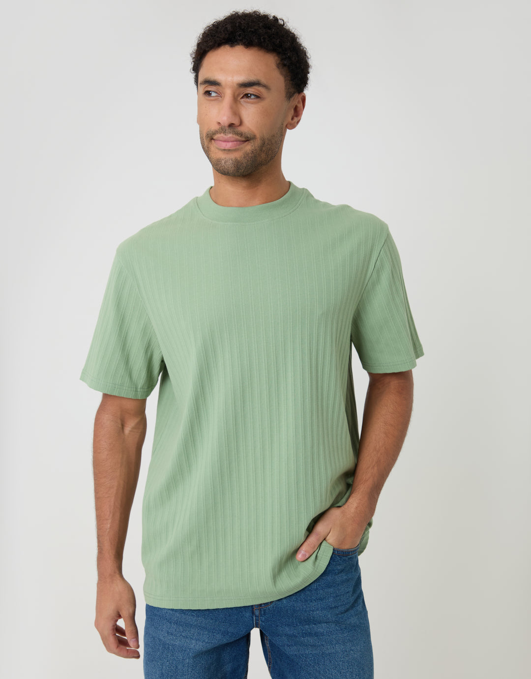 Threadbare Relaxed Fit Textured Rib Stretch Cotton T-Shirt in Sage Green - front view