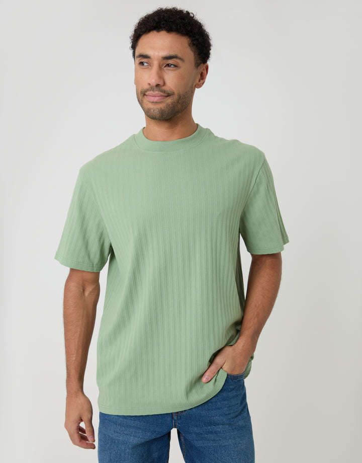 Threadbare Relaxed Fit Textured Rib Stretch Cotton T-Shirt in Sage Green - front view