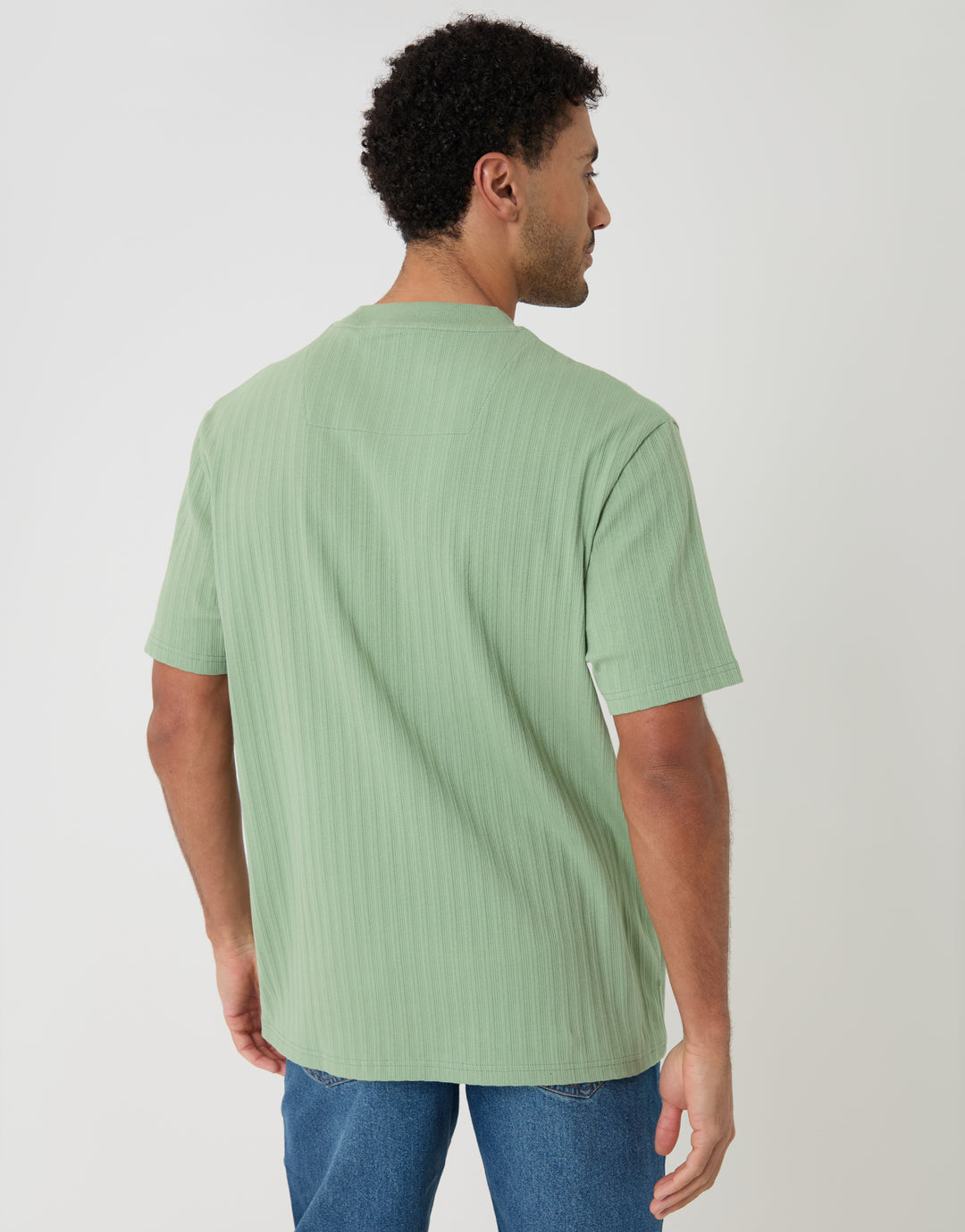 Threadbare Relaxed Fit Textured Rib Stretch Cotton T-Shirt in Sage Green - back view