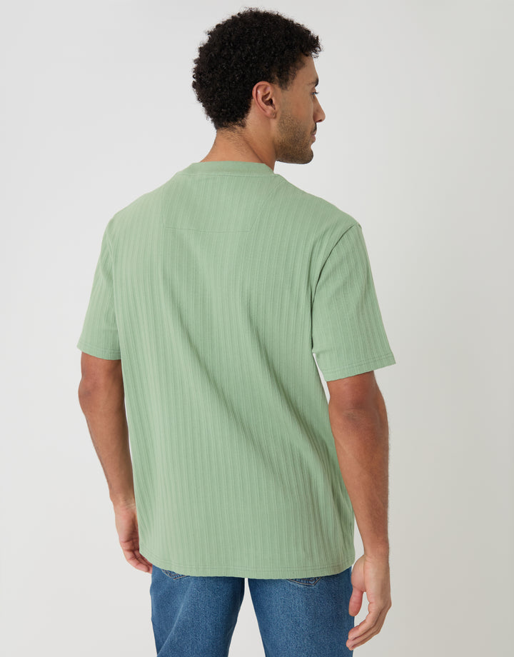 Threadbare Relaxed Fit Textured Rib Stretch Cotton T-Shirt in Sage Green - back view