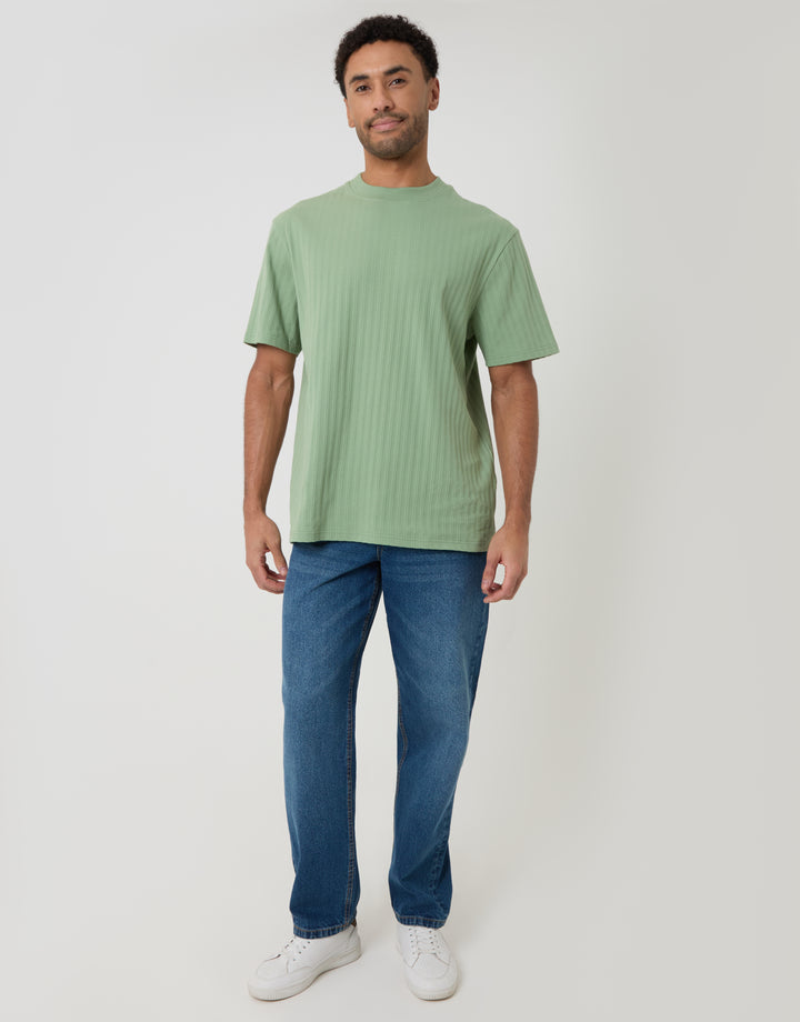 Threadbare Relaxed Fit Textured Rib Stretch Cotton T-Shirt in Sage Green - full body