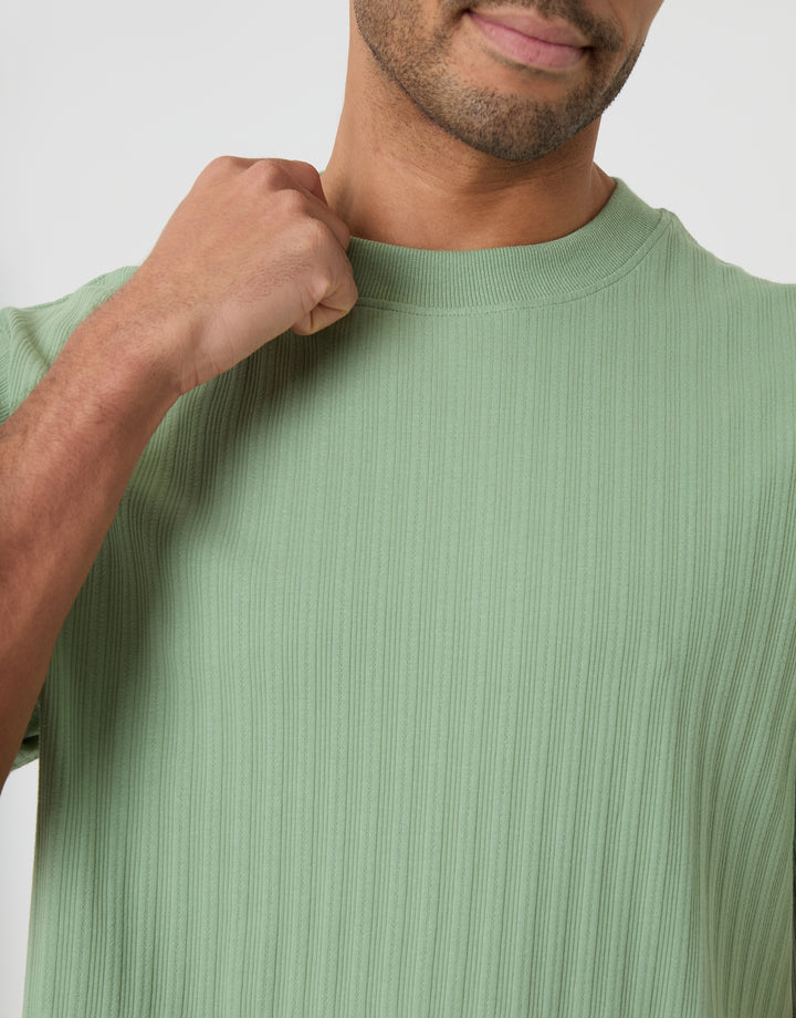 Threadbare Relaxed Fit Textured Rib Stretch Cotton T-Shirt in Sage Green -neckline close up
