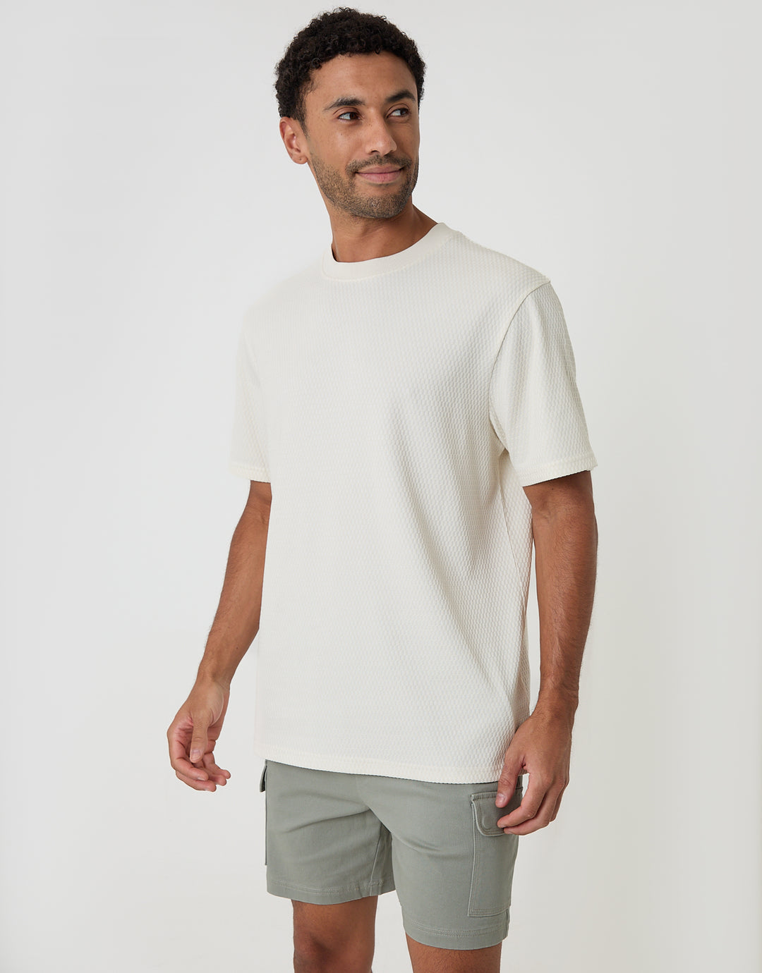 Threadbare Relaxed Fit Textured Crew Neck T-Shirt in Ecru - front view