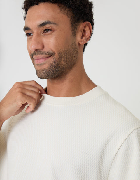 Threadbare Relaxed Fit Textured Crew Neck T-Shirt in Ecru - neckline close up