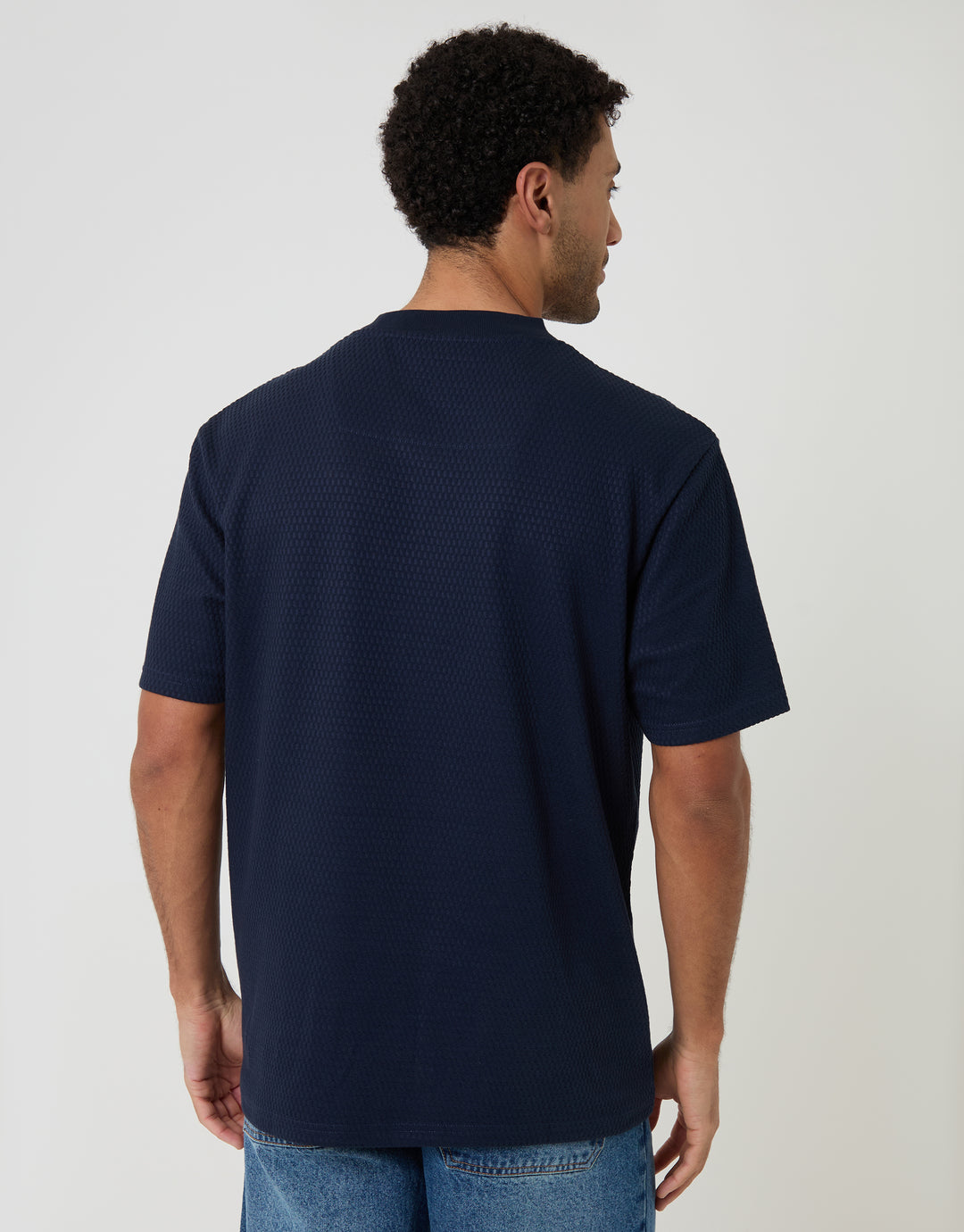 Threadbare Relaxed Fit Textured Crew Neck T-Shirt in Navy - back view