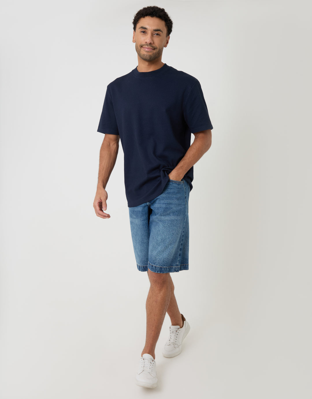 Threadbare Relaxed Fit Textured Crew Neck T-Shirt in Navy - full body