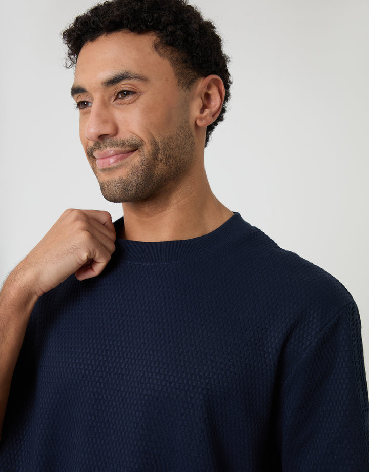 Threadbare Relaxed Fit Textured Crew Neck T-Shirt in Navy - neckline close up