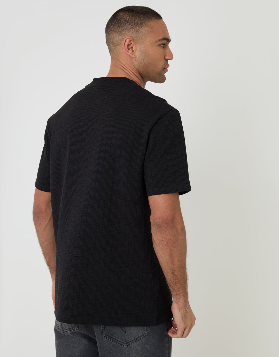 Threadbare Relaxed Fit Textured Crew Neck T-Shirt in Black - back view