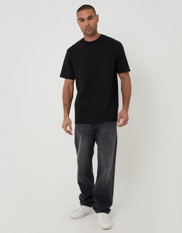 Threadbare Relaxed Fit Textured Crew Neck T-Shirt in Black - full body