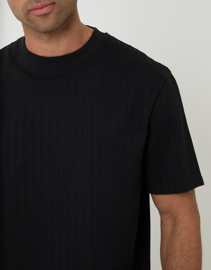 Threadbare Relaxed Fit Textured Crew Neck T-Shirt in Black - front view close up